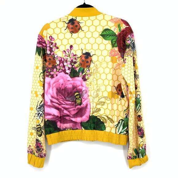 Sassy Jones Bomber Jacket Womens Size Small Yellow Honeycomb Floral Insect Print - Picture 2 of 7